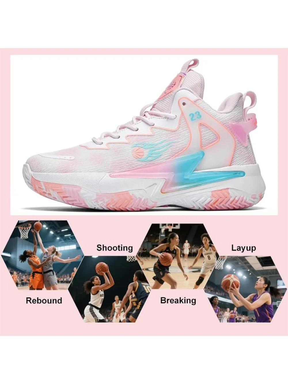 Women's Pink Breathable Non Slip Running Sneakers Comfortable Basketball Shoes